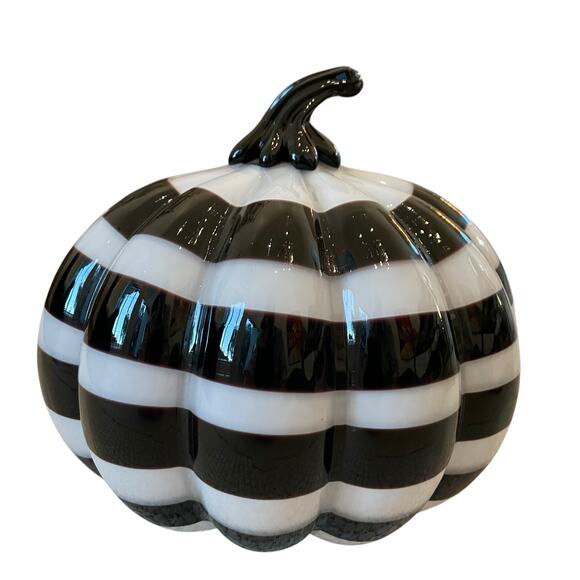 Christian Siriano Hand Blown Art Glass Pumpkin White Black Stripe Swirl 9x8 NEW - Picture 4 of 15